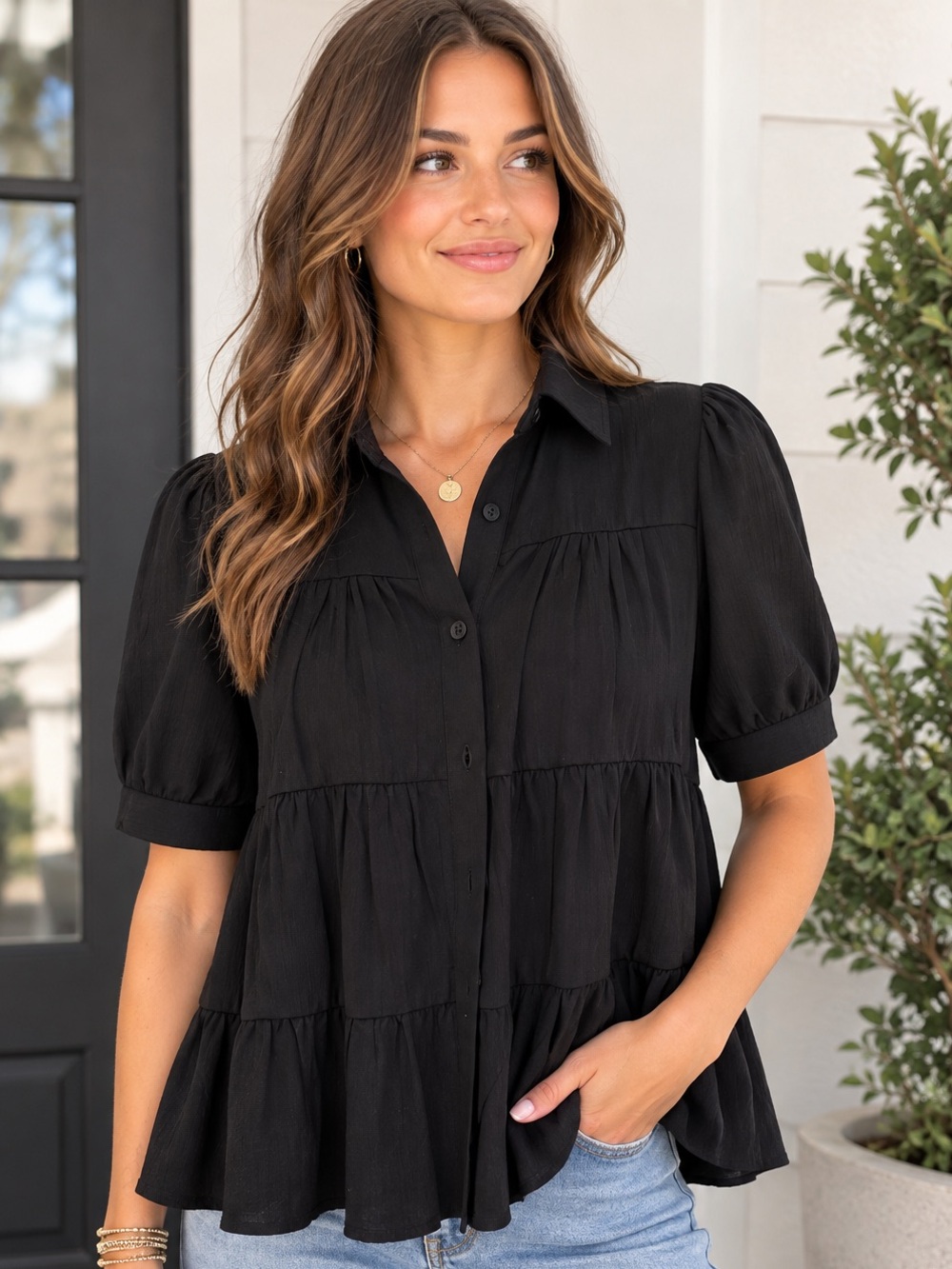 Blue Rain tiered flowy Black Button-Up Blouse black M